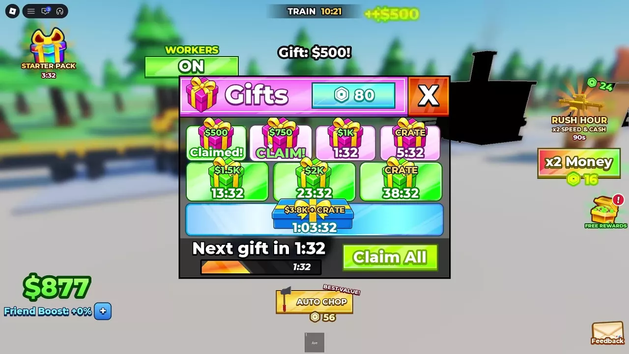 Gifts menu showing claimed, ready, and countdown states