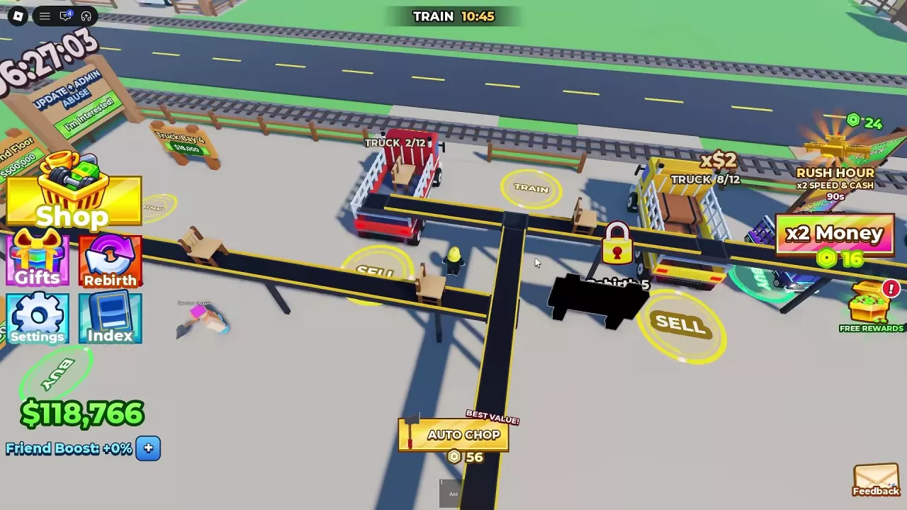 Chairs travel along connected conveyors into trucks beside the Workshop.
