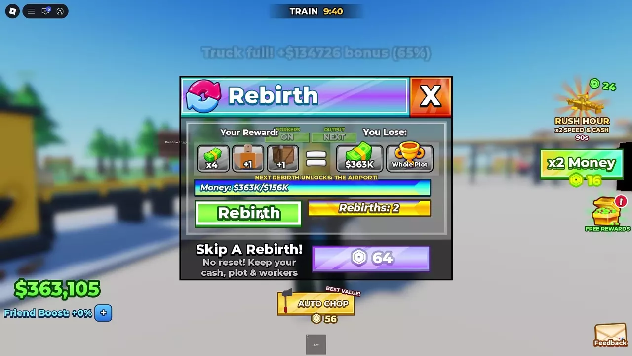 Rebirth menu with the third rebirth requirement, reward icons, reset losses and green Rebirth button.
