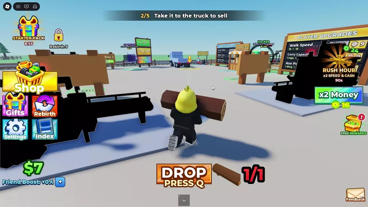 A player carrying a log toward the truck's SELL area