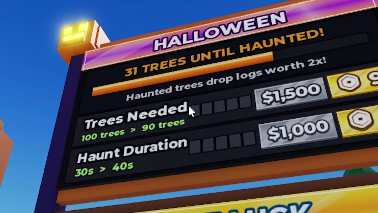Halloween panel showing the trees remaining until Haunted and the two event upgrades