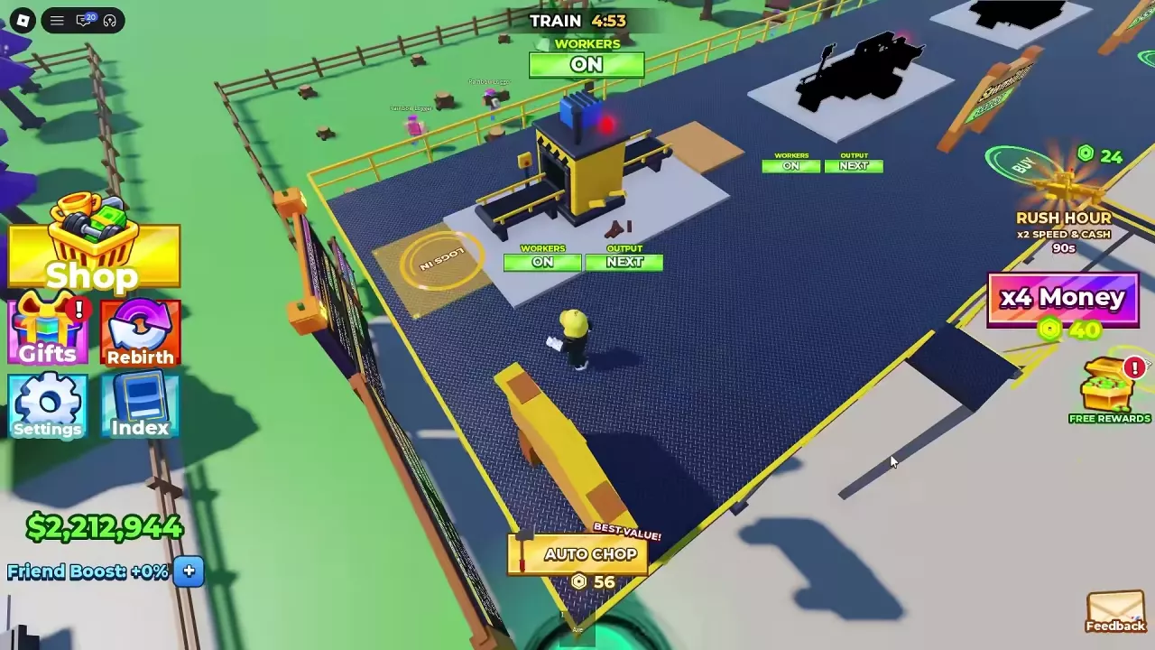 Second-floor processing area with BUY, WORKERS, and OUTPUT controls