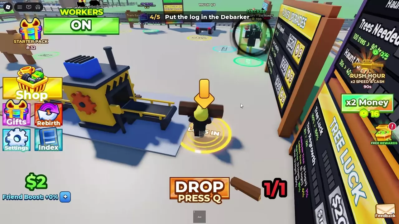 Player carrying a log into the Debarker's yellow LOGS IN area.