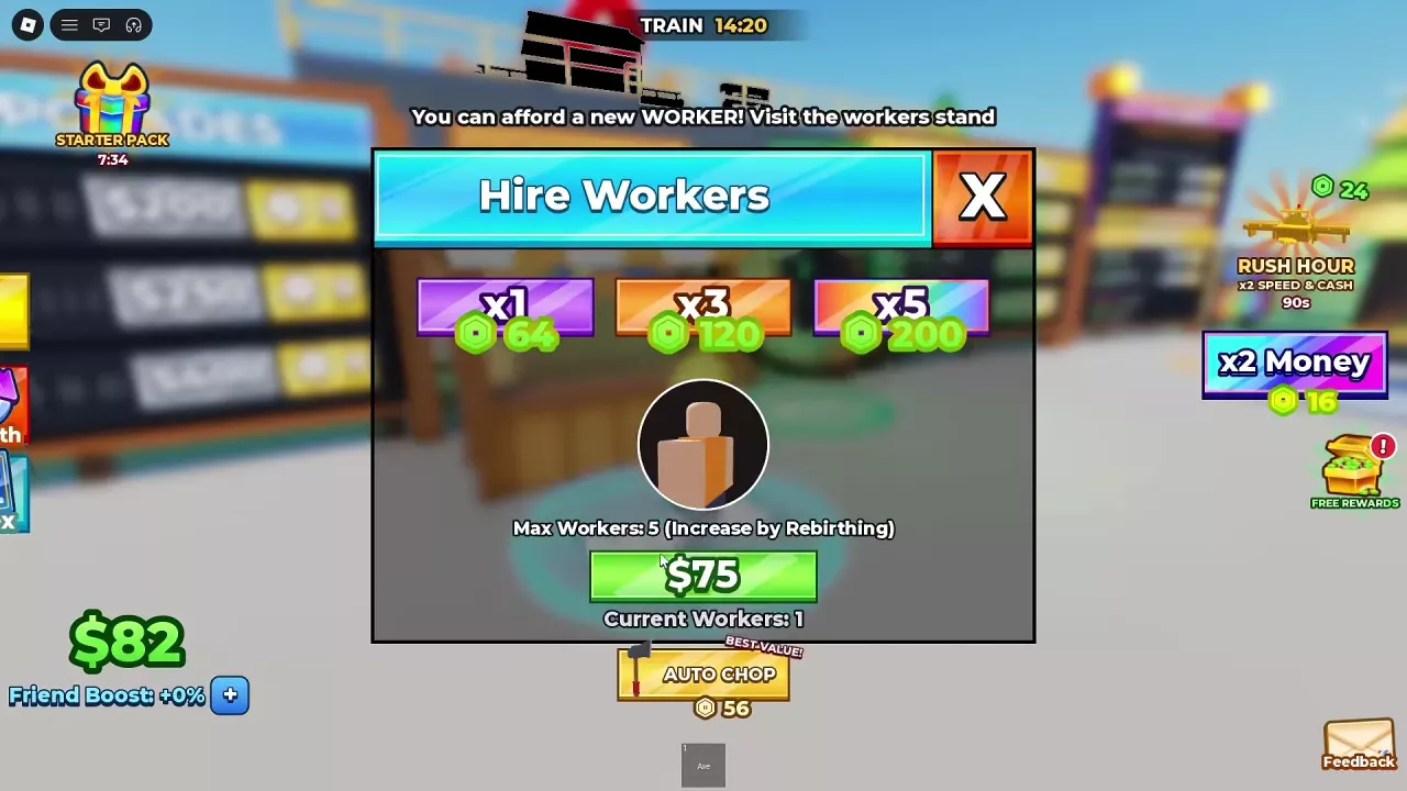 Hire Workers menu showing one current worker, five available slots and a $75 next hire.
