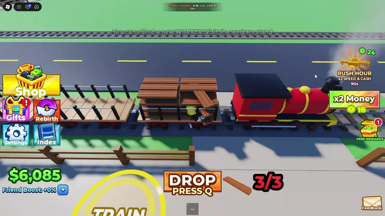 A player carries wood beside the train while the loading timer and progress are displayed.