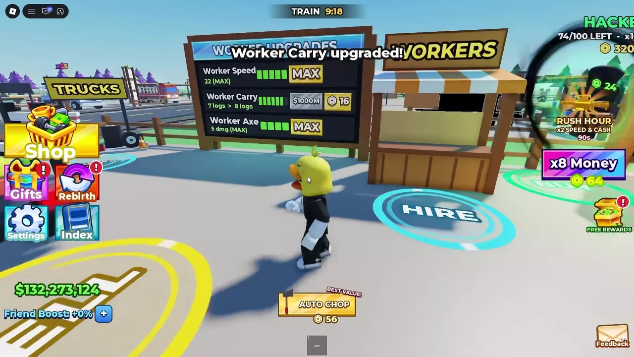 Worker Upgrades beside the HIRE circle, with Speed at 22, Axe at 5 damage and Carry upgrading from 7 to 8 logs.